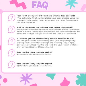 Pode incluir: Um gr&aacute;fico rosa e branco com um &iacute;cone de ponto de interroga&ccedil;&atilde;o e texto que responde a perguntas frequentes sobre modelos Canva. O texto inclui perguntas como "Posso editar um modelo se eu tiver apenas uma conta Canva gratuita?" e "Como fa&ccedil;o para baixar o modelo depois de fazer minhas altera&ccedil;&otilde;es?"