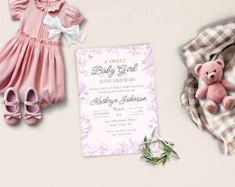 Pink Floral Toile Baby Shower Invitation, A Sweet Baby Girl is On Her Way, Pink Boho, Elegant Pink French Toile Invite, Editable Template