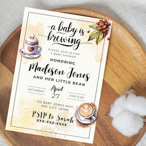 Editable A Baby Is Brewing Invitation Template, Coffee Bean Baby Shower, Gender Neutral Coffee Theme Shower, Little Bean, Something Brewing