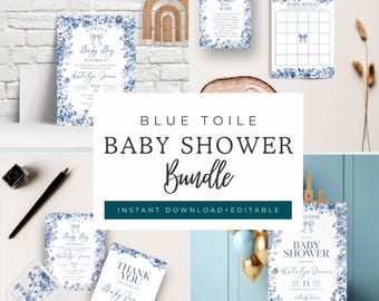 Editable Blue Toile Baby Boy Shower Bundle, Elegant Sweet Baby Boy Invitation Template, Toile de Jouy, Blue Bow Invite, Instant Download