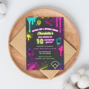 May include: A neon pink, green, and blue birthday party invitation with a black background. The invitation says "Softball Drip & Birthday Cheers! Charlotte's been swinging for 10 awesome years!" with a baseball and bat graphic. The invitation also includes the date, time, address, and RSVP information.