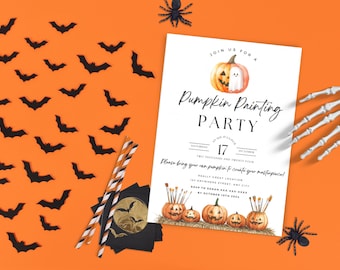 May include: A Halloween-themed invitation for a pumpkin painting party. The invitation features watercolor illustrations of pumpkins and a ghost. Black bats and spiders decorate the orange background. The text reads "Pumpkin Painting Party" and includes the date.