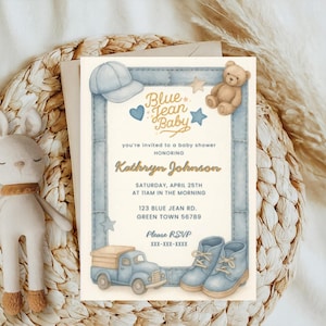 Blue Jean Baby Boy Baby Shower Invitation, Editable Denim Baby Shower Template, Rustic Country Baby Shower Invite for Boys, Canva