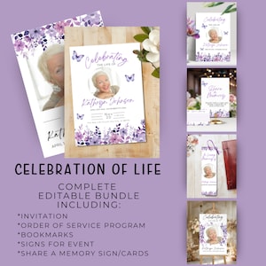 Editable Funeral Bundle Templates, Funeral Program Template, Memorial Service Templates, Celebration of Life Posters, Purple Butterfly, FPB1