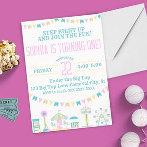 Pastel Carnival First Birthday Invitation, Circus Birthday, Carnival invitation, Carnival Circus Party, Pink First Birthday, Editable Canva