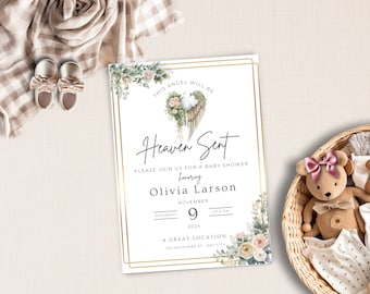 This Angel Will Be Heaven Sent Baby Shower Invitation | Customizable Digital Download | Sweet Baby Invite | Heavenly Baby | Gender Neutral