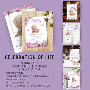 Editable Funeral Bundle Templates, Funeral Program Template, Memorial Service Templates, Celebration of Life Posters, Purple Butterfly, FPB2