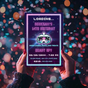 Editable Gamer Birthday Invitation Template, Personalized Video Game Party Template, Digital Neon Glow Gaming Party Invite, Instant Download