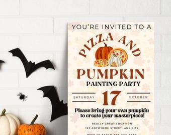 Pizza and Pumpkin Painting Party Invitation, Jack-O-Lantern Party Invite, Kids Halloween, Pumpkin Pizza Event, Editable Template