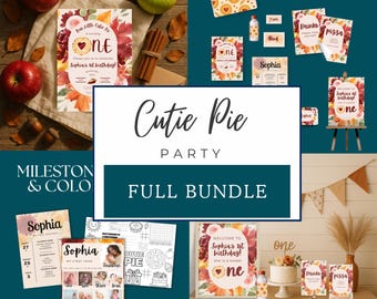 May include: A collection of party supplies with a "Cutie Pie" theme. The image includes invitations, banners, signs, and a milestone chart. The color scheme features burgundy, orange, and cream tones, with floral and heart accents. The text "Sophia's 1st birthday" is visible.