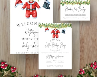 May include: Baby shower invitation set with watercolor illustrations. Includes a welcome sign, invitation, and a card requesting books. Features a Santa suit, hat, and boots. The text reads "A Merry Little Baby Boy".