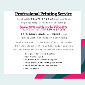 May include: White background with text promoting a professional printing service. The text includes "Professional Printing Service," "PRINTS OF LOVE," and "Save 10% with code Vibesio." Additional text highlights features like designer-reviewed quality and fast turnaround.