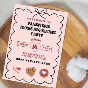 Valentines Cookie Dekoration Partyeinladung, bearbeitbare Vorlage, Süßigkeiten, DIY Backparty, digitaler Download, Valentinstag druckbare