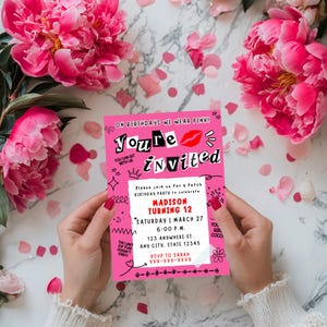 Plantilla editable de invitación para fiesta de cumpleaños de Mean Girls, invitación editable en color rosa, adolescente de moda, libro de Burn, descarga instantánea
