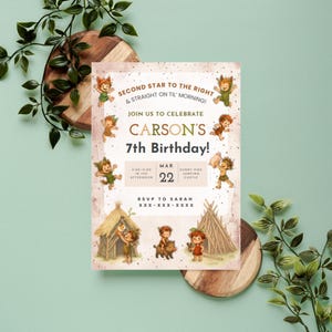 May include: A fairy-themed birthday invitation. The invitation includes the text "Second Star to the Right & Straight on Til' Morning!" and "Join us to celebrate Carson's 7th Birthday!" with illustrations of fairies and teepees.