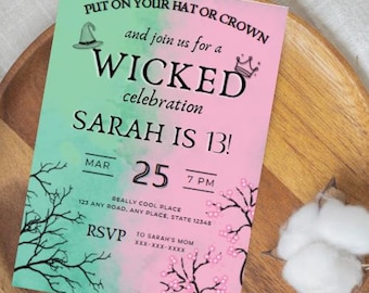 Editable Wicked Celebration Birthday Invitation, Witch and Princess Invite, Wicked Party, Green and Pink Invitation, Digital Download, Canva
