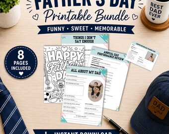 May include: A Father's Day printable bundle featuring 8 pages of activity sheets, including an annual performance review, a trading card, and coloring pages. The set includes text like 'Happy Father's Day', 'All About My Dad', and 'Best Dad Ever' on a mug.