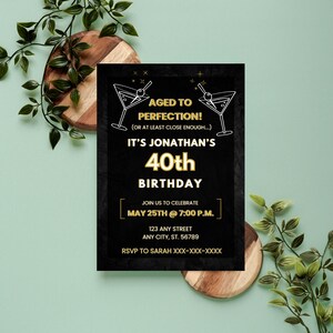 Editable Adult Birthday Invite, Men Birthday Invitation and RSVP Template, 40th Birthday, 30th Birthday, Black and Gold Party, Minimalist