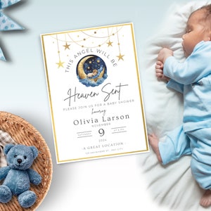 This Angel Will Be Heaven Sent Baby Shower Invitation | Customizable Digital Download | Sweet Baby Invite | Heavenly Baby | Moon and Stars