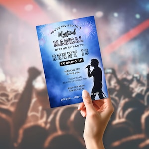 May include: A blue invitation card for a "Mystical Magical Birthday Party!" featuring the text "Benny is turning 11!" and event details. The card includes a silhouette of a person singing into a microphone. The event is on March 27th at 7:00 PM.