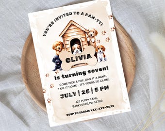 Invitación editable para fiesta de adopción de cachorros, plantilla de invitación para fiesta, cumpleaños con temática de perros, cachorros lindos, invitación neutral, descarga instantánea
