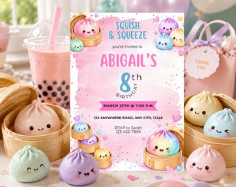Dumpling Birthday Invitation, Funny Kids Squishy Dumpling Theme, Girl Party Invite, Editable Canva Template,