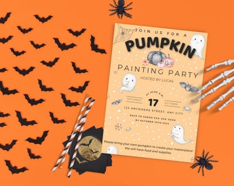 May include: A Halloween-themed party invitation with a pumpkin painting theme. The invitation features a cute ghost, a pumpkin, and bats. The text on the invitation reads "Join us for a Pumpkin Painting Party, Hosted by Lucas, Saturday, October 17, 10:00 AM, 123 Anywhere Street, Any City, RSVP to Sarah xxx-xxx-xxxx by October 10th, 2024. Please bring your own pumpkin to create your masterpiece! We will have food and supplies."