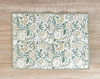 Lagoon Green - Block Printed, Reversible, Quilted Cotton Placemats