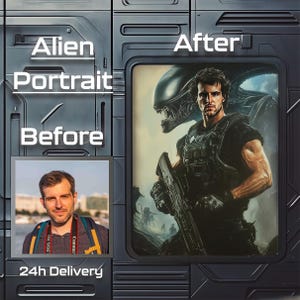 Op de afbeelding: Een digitaal portret van een persoon met een realistische afbeelding van een buitenaards wezen erachter. De persoon draagt een zwart shirt en houdt een geweer vast. De tekst "Alien Portrait" en "After" staat bovenaan de afbeelding. De tekst "Before" staat linksonder in de afbeelding. Een foto van de persoon vóór het digitale portret staat linksonder in de afbeelding.