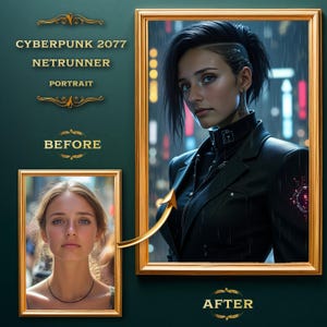 May include: A before and after image showing a woman's transformation into a cyberpunk character. The before image shows a woman with long brown hair and a neutral expression. The after image shows the same woman with short black hair, a leather jacket, and a futuristic cybernetic implant on her arm. The text "CYBERPUNK 2077 NETRUNNER PORTRAIT" is displayed above the images.