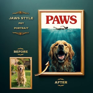 May include: A framed pet portrait in the style of the movie "Jaws" featuring a golden retriever underwater with the word "PAWS" in red. A smaller framed photo of the dog before the portrait is also shown.