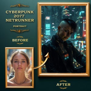 May include: A before and after image showing a woman's portrait transformed into a cyberpunk character. The before image shows a woman with long brown hair and a neutral expression. The after image shows a woman with short black hair, a cybernetic implant on her forehead, and a dark jacket with glowing lights. The text "CYBERPUNK 2077 NETRUNNER PORTRAIT" is displayed above the before image. The text "BEFORE" is displayed below the before image. The text "AFTER" is displayed below the after image.