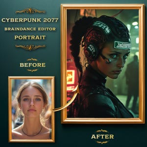 May include: A before and after image showing a portrait of a woman with a futuristic cyberpunk look. The before image shows a woman with long brown hair and blue eyes. The after image shows the same woman with a cybernetic implant on her head, a black leather jacket, and a serious expression.
