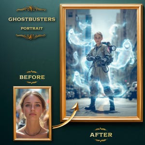 May include: A framed portrait with the text "GHOSTBUSTERS PORTRAIT" above a before and after image. The "after" image shows a person in a Ghostbusters uniform surrounded by glowing ghosts. The "before" image is a portrait of a woman.
