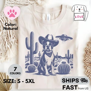 Boston Terrier Cowboy T-Shirt: Retro UFO Alien Dog Graphic Tee