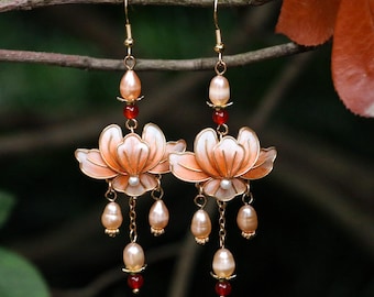 Velvet Lotus Earrings Handmade – Pearl Drop Dangle, Elegant Tsolène Élanor Design