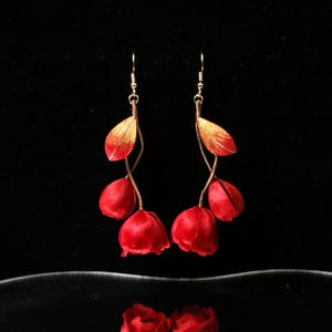 Red Rose Flower Earrings, Silk Velvet Floral Drop Earrings, Romantic Statement Jewelry, Handmade Bridal Earring, Gift for Her