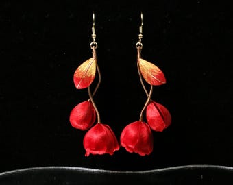 Red Rose Flower Earrings, Silk Velvet Floral Drop Earrings, Romantic Statement Jewelry, Handmade Bridal Earring, Gift for Her