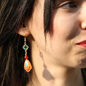 Chinese Cloisonné-Inspired Silk Flower Earrings, Handcrafted Ronghua Art Jewelry – Tsolène Élanor image 9