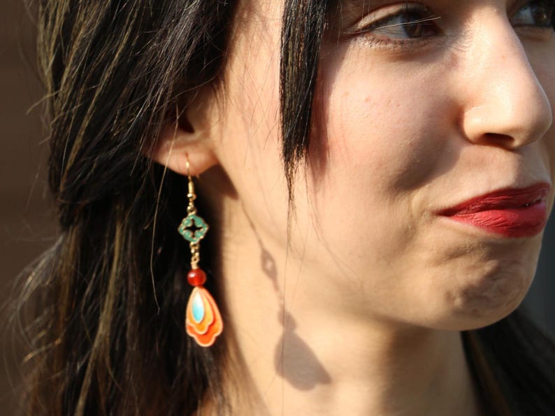 Chinese Cloisonné-Inspired Silk Flower Earrings, Handcrafted Ronghua Art Jewelry – Tsolène Élanor image 9