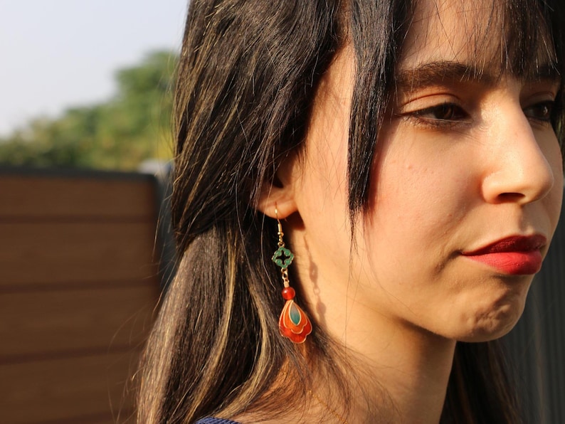 Chinese Cloisonné-Inspired Silk Flower Earrings, Handcrafted Ronghua Art Jewelry – Tsolène Élanor image 10