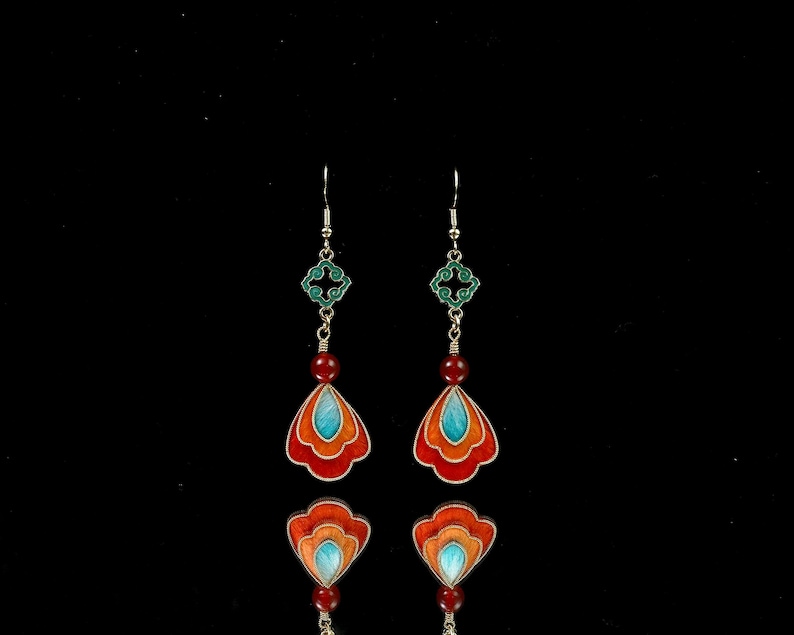 Chinese Cloisonné-Inspired Silk Flower Earrings, Handcrafted Ronghua Art Jewelry – Tsolène Élanor image 1
