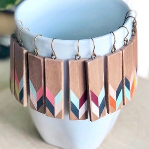 Wooden Dangle Earrings, Chevron Pattern, Hand Painted Jewelry, Arrow Earrings, Geometric Jewelry
