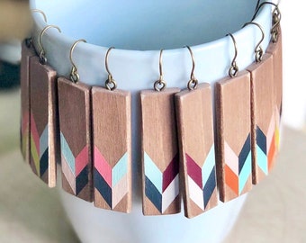 Wooden Dangle Earrings, Chevron Pattern, Hand Painted Jewelry, Arrow Earrings, Geometric Jewelry