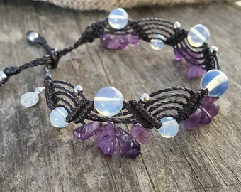 Amethyst and Opalite two tone bracelet  adjustable macrame Bohemian jewerly Crystal Healing ooak gemstone bracelet Hippie festival jewelry