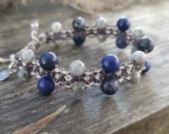 Sodalite and Labradorite-adjustable macrame witchy Crystal Healing gemstone bracelet  jewelry Magic and Calmness