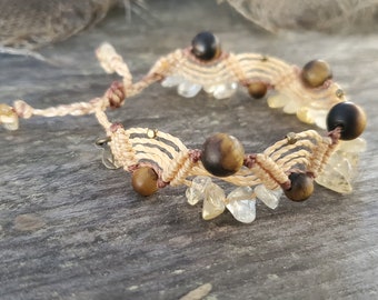 Tiger's Eye, Citrine, and Brass bracelet  adjustable macrame jewerly Crystal Healing gemstone bracelet