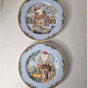 VTG Woodland Santa Plates by Debbie Mumm - Pinecone & Birdhouse Christmas 1998