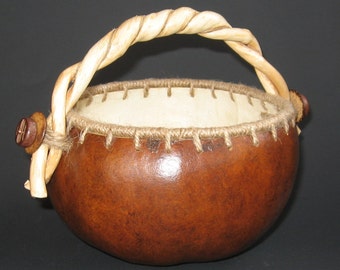 Gourd Bowl with Twisted Vine Handle and Jute Rim-One of a Kind-Handmade in Tennessee