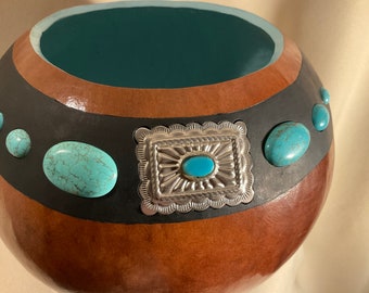 Southwestern Inspired Gourd Bowl with Turquoise Colored Stones and Silver Colored Inlayed Decorative Items